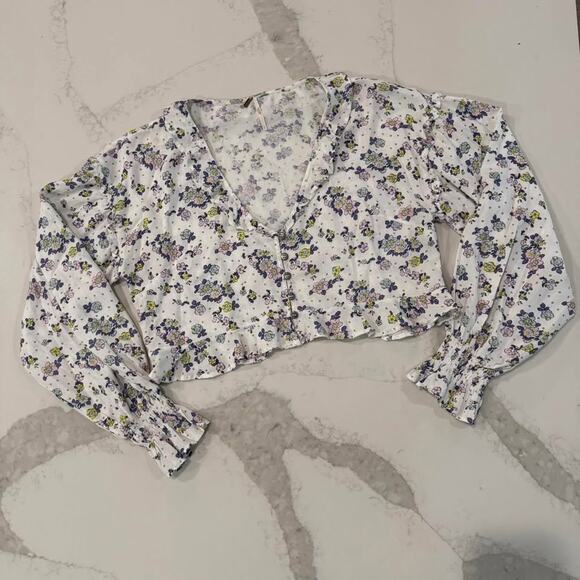 Free People Secret Garden CropTop Ruffled VNeck Womens Small White/Purple Floral - Picture 1 of 9